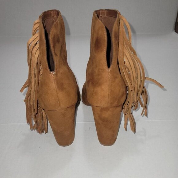 Women 8.5 Fringe Brown Peep Toe Block Heel‎ AnkleBoots Festival Boho Cowgirl Y2K - Picture 3 of 10